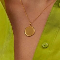 Engravable Large Seal Necklace | 14k Gold 8 Engravable Large Seal Necklace | 14k Gold -STILNEST Jewelry Sales 0000 Worn September6357 2