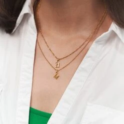 Mini Initial Pendant | 14k Gold -STILNEST Jewelry Sales MiniInitialPendantM RoloChain 03